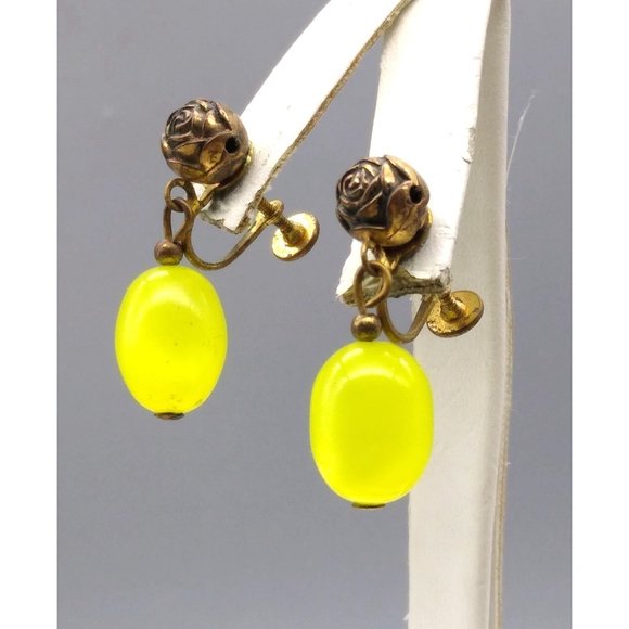 Bright Yellow Moonglow Drop Earrings, Gold Tone Screw Back with Brassy Rose Bead - Picture 3 of 4